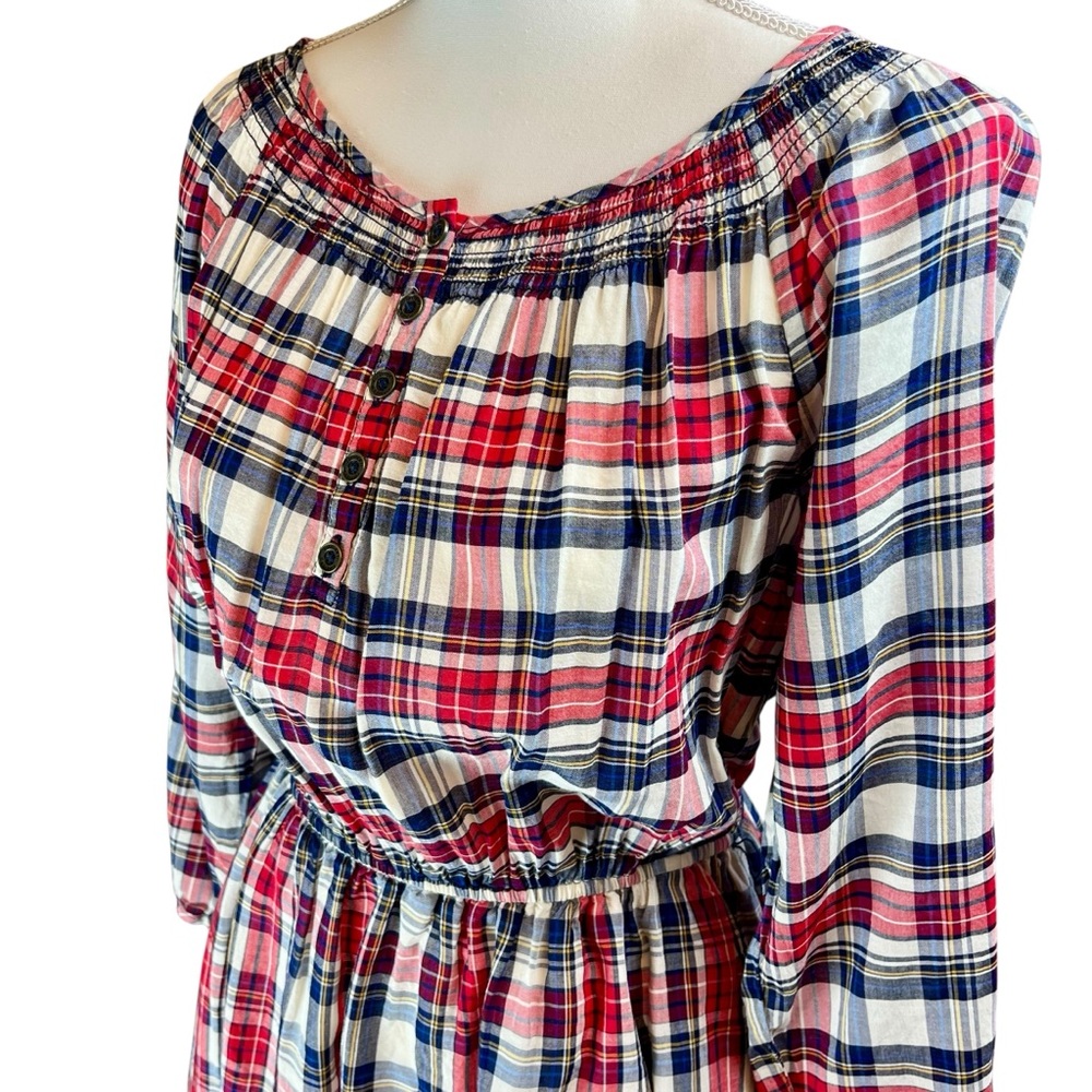 FOREVER 21 Red White Blue Plaid Cotton Dress Sz L Long Sleeve Coastal Preppy USA - Picture 7 of 11